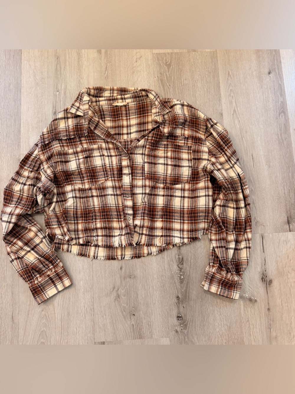 Altar'd State Brown & Cream Plaid Cropped Button-Up Shirt